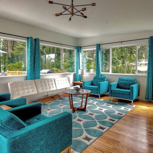 Hazel Atlas Set of 6 Glasses Tumbler White Turquoise 12oz. Highball Fleur-de-Lis - Picture 6 of 16